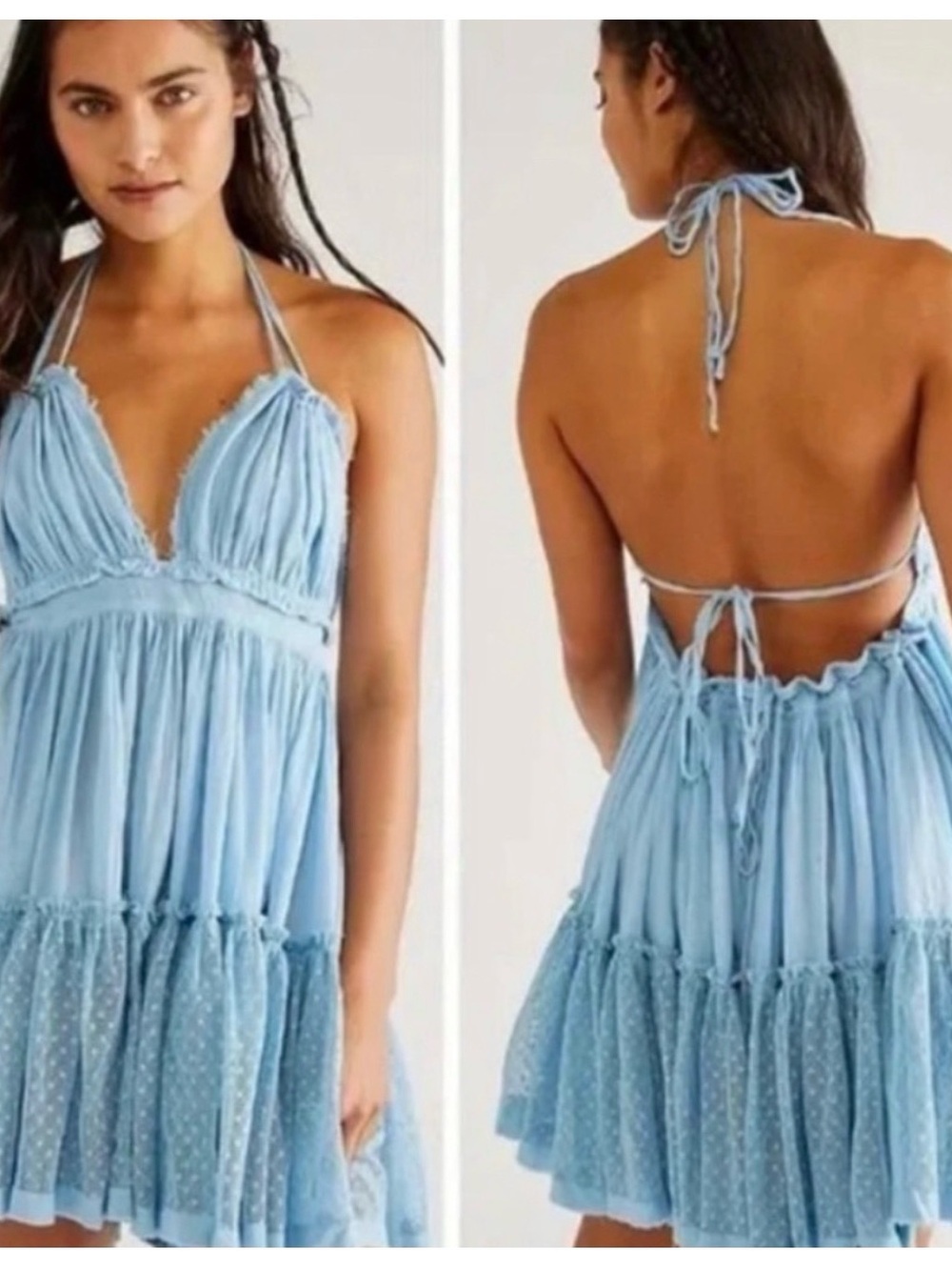 Free People Light Blue Backless Halter Tiered Sundress